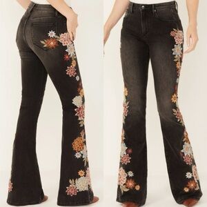 NWT Free People Driftwood Farrah High Rise Embroidered Flowers Flare Jeans 28x34